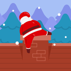 Christmas Santa Character Try To Climb Up The Chimney With Snow And Winter Forest Background Flat Design