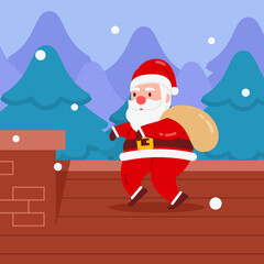 Christmas Santa Character stealthy on the roof try to get in The Chimney With Snow And Winter Forest Background Flat Design