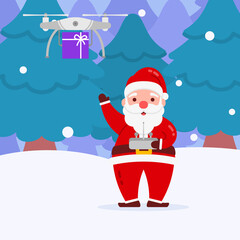 Christmas Santa Character Deliver gift box by using Drone With Snow And Winter Forest Background Flat Design