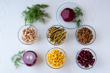 ingredients for salad with legumes and beets