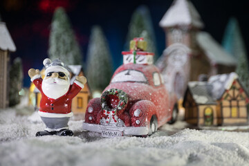 Traditional holiday attributes on snow. Creative artwork decorations. Empty space for your text