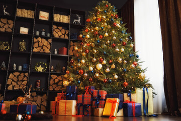 Christmas interior with bookshelves, great christmas tree, boxes in studio.