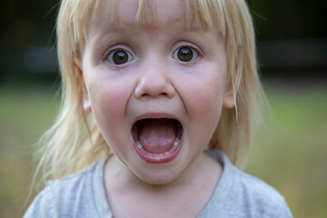 Girl shout. Little lady scream about sale. Yelling face.