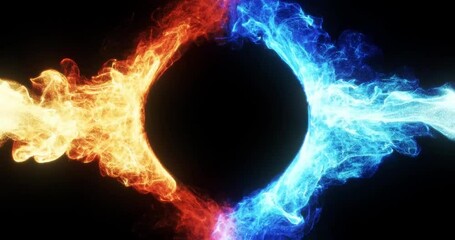 Abstract logo reveal with fire and ice effect. blue and red smoke collide around a sphere for logo placement. 2 video clip available, 1 in-out transition and 1 loop. 3D render, 4k loop  - Powered by Adobe