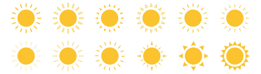 Sun icons collection on white background. Isolated yellow round sun symbol in different variations. Sunburst set in cartoon simple design. Sunlight pictogram. Vector illustration. EPS 10.