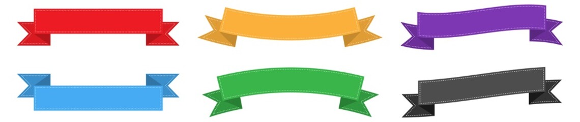 Ribbon banners collection on white background. Isolated graphic label in different colors. Flag tags for sale and clearance. New collection template. Curved ribbons title. Vector illustration. EPS 10