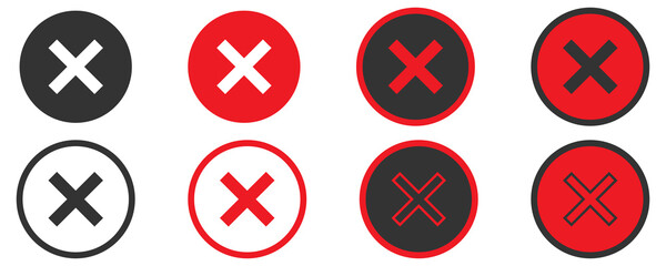 Cross icons collection on white background. Isolated incorrect and error symbol in different style. Decline and reject sign in circle in red color. Incorrect and cancel in outline and bold design.