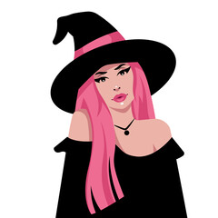 Halloween. Sexy witch portrait. Beautiful young woman in witches hat with long pink hair. Glamour halloween character. Cut out.