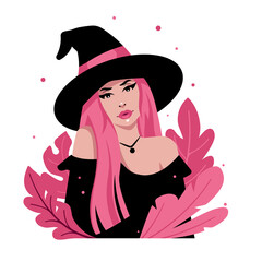 Halloween. Sexy witch portrait. Beautiful young woman in witches hat with long pink hair. Glamour halloween character. Cut out.