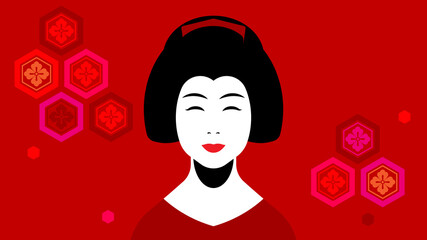 Geisha. Japanese woman in kimono and traditional hairstyle with kanzashi. Silhouette on a red background.