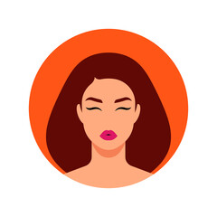 Beautiful women face. Brunette, long hair. Round shape avatar with female head. Concept of femininity, beauty, women's rights, personal care. Good for social media, mobile app, design.