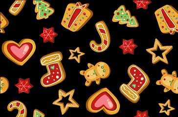Colorful beautiful Christmas cookies icons seamless pattern. Sweet decorated new year backings background - gingerbread man star santa snowflake christmas tree ball sock. High quality illustration
