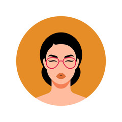 Beautiful women face. Brunette with glasses. Round shape avatar with female head. concept of femininity, beauty, women's rights, personal care. Good for social media, mobile app, design.