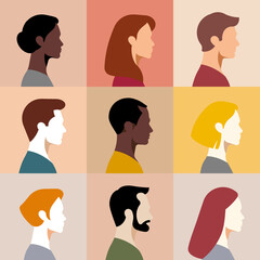 Group young people: students, colleagues, friends, team. Profile silhouette faces women and men. 