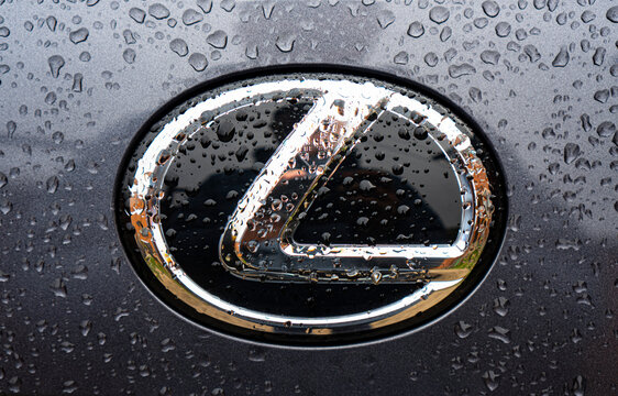 Illustrative editorial of Lexus logo in a rain drops: KHARKIV, UKRAINE - 1 NOVEMBER, 2020.