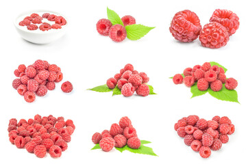 Collage of ripe raspberries isolated on a white background with clipping path