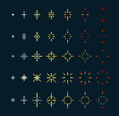 Pixel art stars. Game icons set. The effect of sparkling stars for emotions.