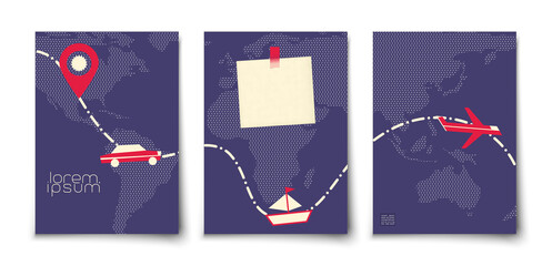 Time to travel minimalist background. Trip around the world on different transport car, airplane, ship. Traveling path on the world map. Ticket, boarding card. Paper sticker note on the map