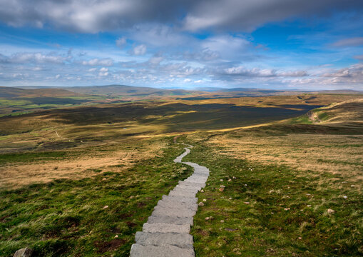 Yorkshire Dales pathway of the three peaks trail. England. Landscape viewpoint near summit of pen y ghent