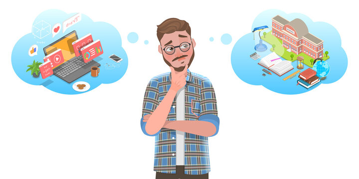 3D Isometric Flat Vector Conceptual Illustration of Online Learning vs Offline Learning, Man is Thikning What Kind of Learning to Choose.