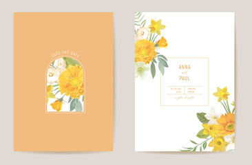 Wedding floral vector card, yellow spring flowers, leaves invitation. Watercolor template frame