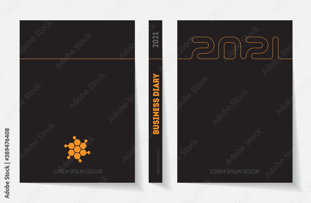 Poster cover of business diary for 2021 with logo. vector design template of daily planner with stitching.