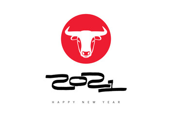 Cover of Calendar or greeting card with head of white Ox on red circle and inscription Happy New Year 2021.