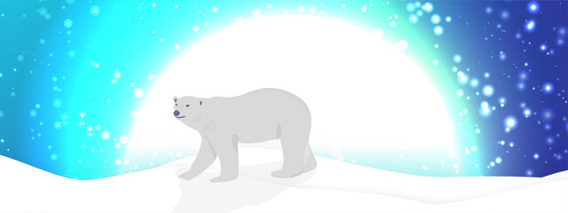 Winter arctic landscape whith polar bears . Glowing sun and northen lights in the sky. Fairy tale vector illustration