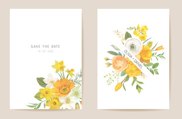 Wedding invitation spring flowers, leaves. Floral card, tropic watercolor template vector. Botanical Save the Date