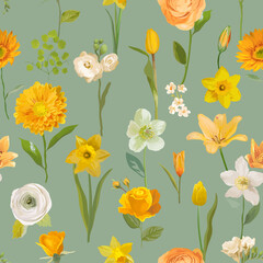 Summer yellow flowers watercolor background, seamless floral spring pattern. Vector trendy blossom texture