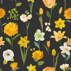 Summer yellow flowers watercolor background, seamless floral spring pattern. Vector trendy blossom texture