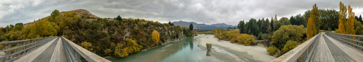 Panoramic from the Shotover Bridge depicting both ends from the middle, Queenstown Area, South Island, New Zealand