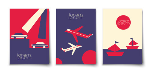 Minimalistic travel flat vector background. Travelling boat. Sailing ship. Flying airplane. Cars on road.