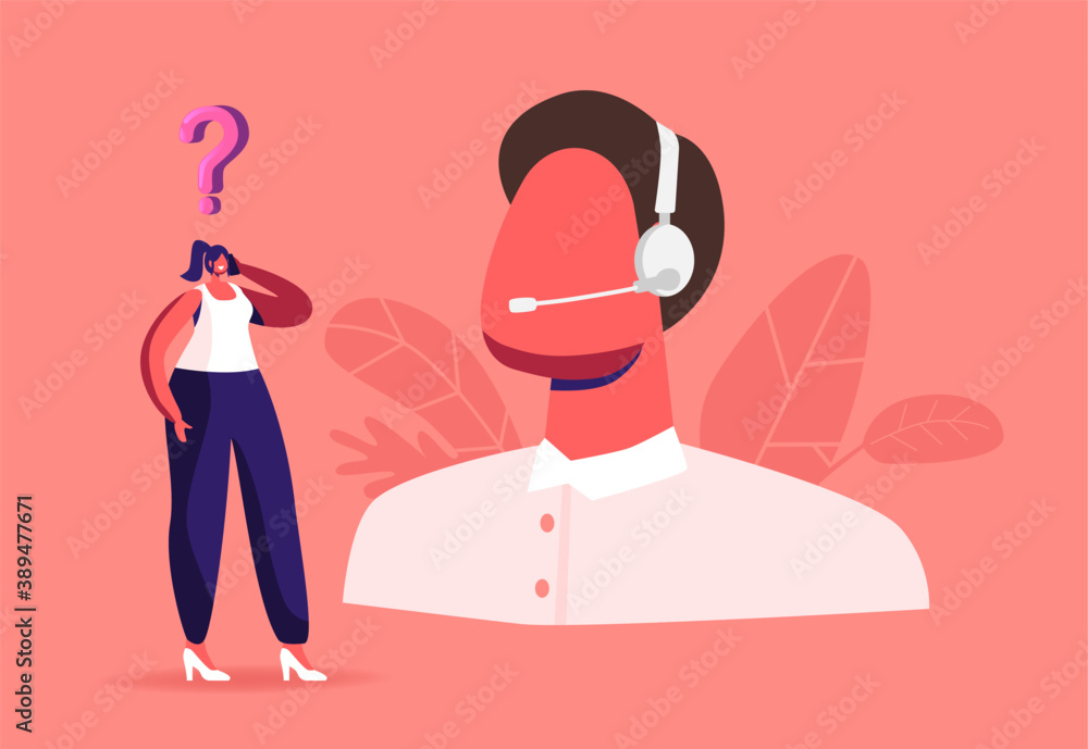 Poster female character with mobile and question above head call to customer support center. operator in he