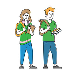 Happy Students Male Female Characters with Backpacks and Textbooks. Schoolboy and Schoolgirl Greeting Educational Year