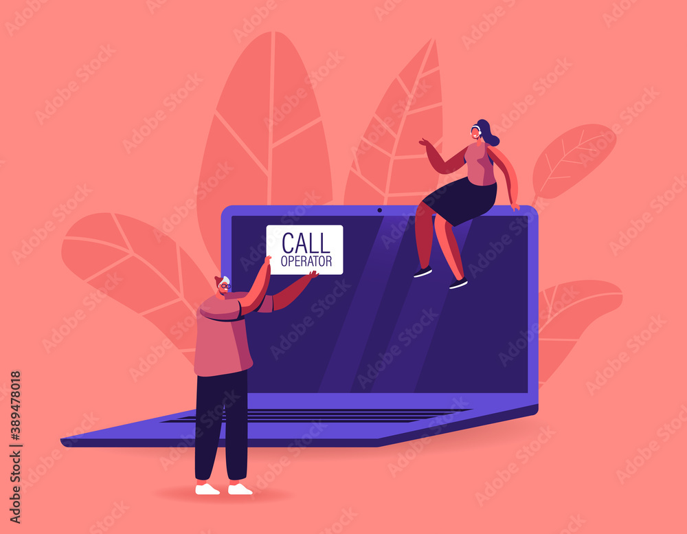 Aufkleber call operator client hotline communication, consultation. technical support specialist sit at comput
