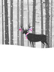 A deer with colorful scarf and Christmas ornaments on its horns on background of pine tree forest. Vector illustration.