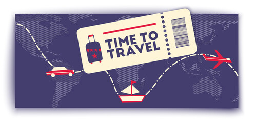 Time to travel minimalist background. Trip around the world on different transport car, airplane, ship. Traveling path on the world map. Ticket, boarding card. 