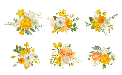 Fototapeta na wymiar Spring flowers bouquets, yellow daffodil, rose, white fresia, eucalyptus, greenery, fern. Vector design elements