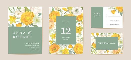 Boho wedding invitation card, vintage Save the Date spring flowers, floral leaves template design watercolor