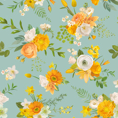 Spring yellow flowers watercolor pattern, seamless floral summer background. Vector trendy blossom texture