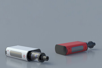 Two modern electronic cigarettes on gray background. Alternative smoking. To give up smoking. 3d rendering