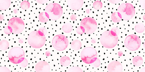 Watercolor bubbles seamless pattern. Abstract background with circles and small random dots.