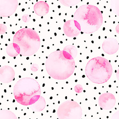 Watercolor bubbles seamless pattern. Abstract background with circles and small random dots.