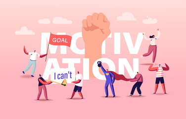 Motivation and Aspiration Concept. Characters Overcome Obstacles, Goal Achievement, Take New Heights. Inner Resources