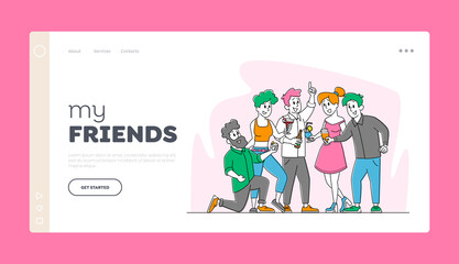 Friends Party with Drinks, Friendship Landing Page Template. Cheerful Young People Rejoice Laugh and Drinking Cocktails