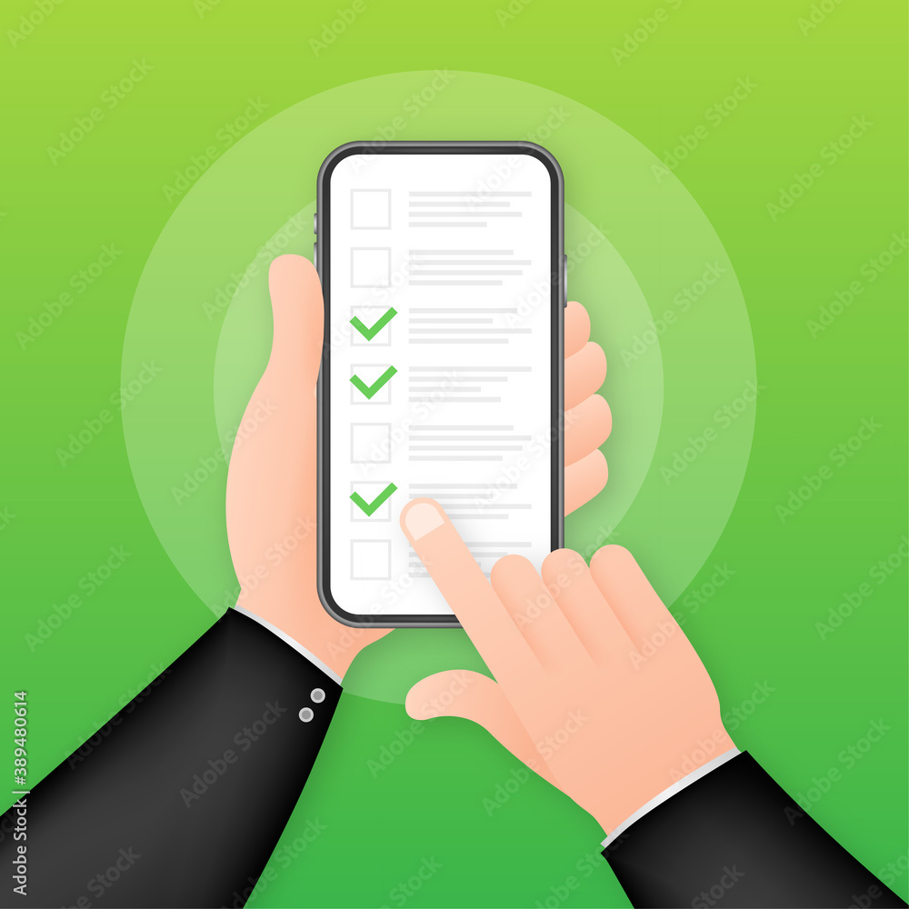 Aufkleber green check list smartphone. survey vector illustration. green tick. flat check list smartphone for 