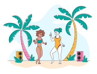 Young Girls Characters Wearing Swim Suits Dancing on Seaside at Summer Beach Party with Playing Modern Music