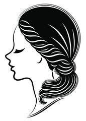 Silhouette of a profile of a sweet lady's head. A girl shows a female tail-hairstyle on medium and long hair. Suitable for logo, advertising. Vector illustration.