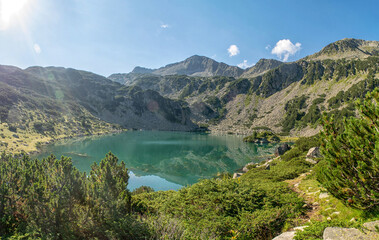 Naklejka na ściany i meble Hiking to Banderitsa lakes, view across the lakes of the Pirin Mountains in Bulgaria with Muratovo, Ribnoto, National Park Pirin